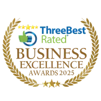 ThreeBest Rated Business Excellence Awards 2025 logo with gold laurel wreath and stars