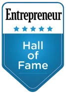 Entrepreneur Hall of Fame blue and white badge with five stars and rounded edges design.