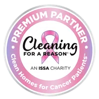 Cleaning For A Reason premium partner logo with pink ribbon for cancer patient support by ISSA charity