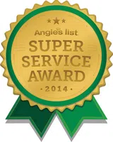 Angie's List 2014 Super Service Award gold badge with green ribbons and three stars