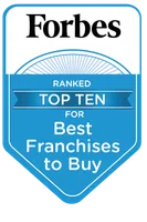Forbes badge ranked top ten best franchises to buy with blue and white design and bold text.