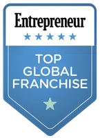 Entrepreneur badge displaying top global franchise recognition with five stars on blue and white ribbon.