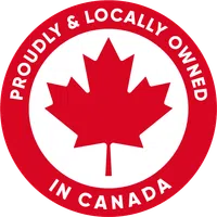 Red circular badge with a white maple leaf and text proudly and locally owned in Canada.