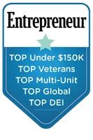 Entrepreneur award badge listing top categories including under $150K, veterans, multi-unit, global, and DEI recognition.