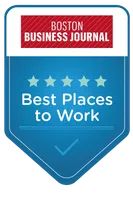 Boston Business Journal blue badge with five stars and text Best Places to Work