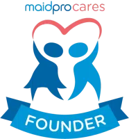 maidprocares logo with two abstract figures forming a heart above the word FOUNDER on a blue ribbon