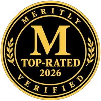 Gold and black badge with letter M, text Top-Rated 2026, and Meritly Verified around the edge