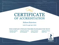 Certificate of Accreditation for Nelson Exteriors valid through 2026 with BBB trust standards listed.