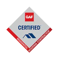 GAF Certified Residential Roofing Contractor badge with red, blue, and gray elements in diamond shape.