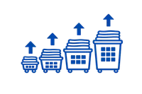 Blue line icons of increasing shopping baskets with upward arrows representing growth or increase.