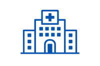Blue hospital building icon with medical cross and windows on a transparent background
