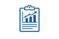 Blue clipboard icon with a rising bar chart and upward arrow representing growth and progress.