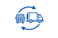 Blue laundry basket with folded clothes and delivery truck connected by circular arrows symbolizing laundry service cycle.