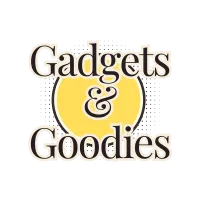 Logo with text Gadgets & Goodies in beige over a yellow circle and black dotted background