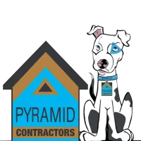 Logo of Pyramid Contractors featuring a house shape and a dog with a blue and brown color scheme.