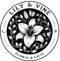 Black and white circular logo with a detailed lily flower and leaves surrounded by text Lily & Vine Floral & Gifts.