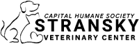 White logo with outline of a dog and cat, heart shape, and text for Stransky Veterinary Center