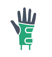 Illustration of a hand wearing a green and gray protective glove with cutout designs on a black background