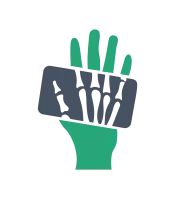 Green hand holding a smartphone with an X-ray image of fingers displayed on the screen.