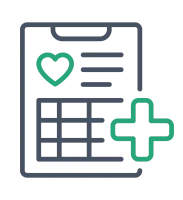 Medical clipboard with a heart icon and a green medical cross symbolizing health and patient care.