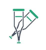Graphic illustration of a pair of crutches with green handles and supports on a white background.