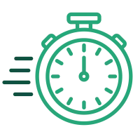 Green stopwatch icon with motion lines indicating speed or quick timing on a black background
