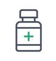 Medical pill bottle icon with a green cross symbol on a dark background