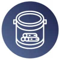 Icon of a paint can with paint rollers inside on a blue circular background