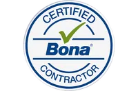 Bona Certified Contractor round logo with green checkmark and blue text on white background
