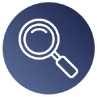 White magnifying glass icon on a circular blue gradient background representing search or zoom.