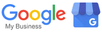Google My Business logo with colorful Google text and blue storefront icon featuring a G