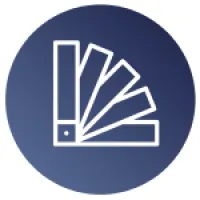 White fan deck color swatch icon on a circular blue gradient background.