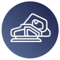 White line icon of an electric planer tool on a blue circular gradient background