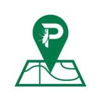 Green map icon with location pin featuring a stylized feather inside the letter P symbol.