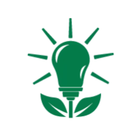 Green light bulb with glowing rays and two leaves symbolizing eco-friendly energy and sustainability.