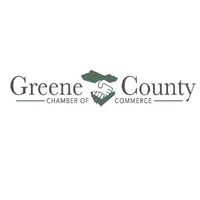 Greene County Chamber of Commerce logo with handshake and county map icons in green and brown.