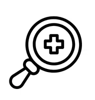 Black magnifying glass icon with a medical cross inside on a white background