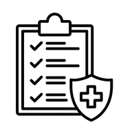 Black outline icon of a checklist on clipboard with a shield featuring a medical cross symbol