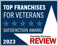 Top Franchises for Veterans 2023 satisfaction award badge with five stars from Franchise Business Review