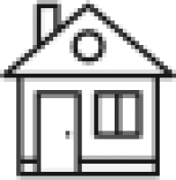 Simple black house icon with a door, window, chimney, and circular window on the roof.