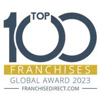 Logo for Top 100 Franchises Global Award 2023 by FranchiseDirect.com in blue and gold colors.
