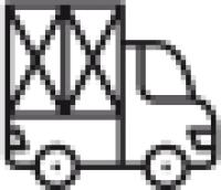 Black pixel art of a delivery truck carrying boxes in its cargo area, side view icon.