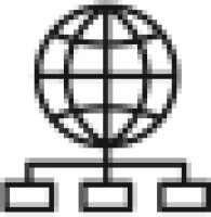 Black globe icon connected to three rectangular blocks representing global network or web structure