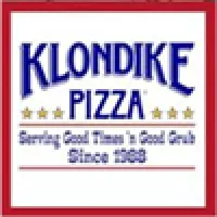 Klondike Pizza logo with blue text and gold stars, tagline Serving Good Times & Good Grub Since 2000