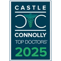 Castle Connolly Top Doctors 2025 logo featuring medical caduceus symbol and bold text on dark teal background
