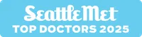 SeattleMet logo with text announcing Top Doctors 2025 on a blue background.