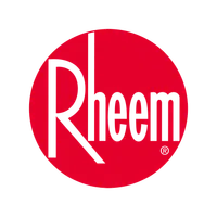 Rheem logo featuring bold black text on a vibrant red circle background.