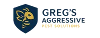Logo for Greg's Aggressive Pest Solutions featuring a stylized yellow bee on a blue shield with text.