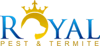 Royal Pest & Termite logo with a gold crown and dog silhouette integrated into blue lettering.
