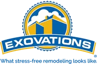 Exovations company logo with stylized buildings under clouds and tagline about stress-free remodeling.